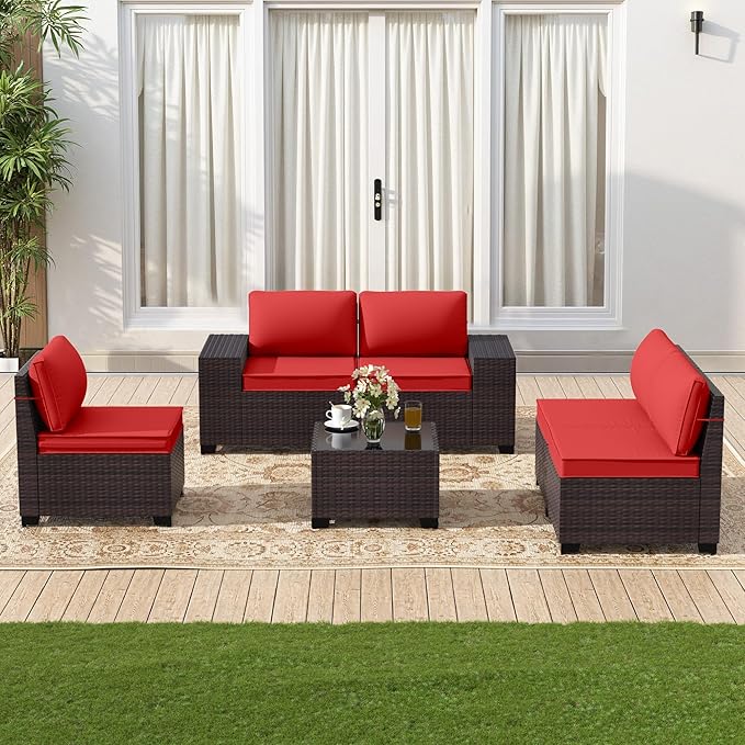 Gotland 6 Pieces Patio Furniture Set with 1 Coffee Table, 5 Seater Rattan Outdoor Sectional with Wide Armrests 29.5'' High Backrest Thick Waterproof Cushions, Conversation Sets for Deck Garden Red