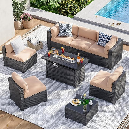 Aoxun 8 Piece Patio Furniture Set with 44” Fire Pit Table Wicker Rattan Patio Sectional Sofa Set Outdoor Seating Furniture with Thickened Cushion, Beige