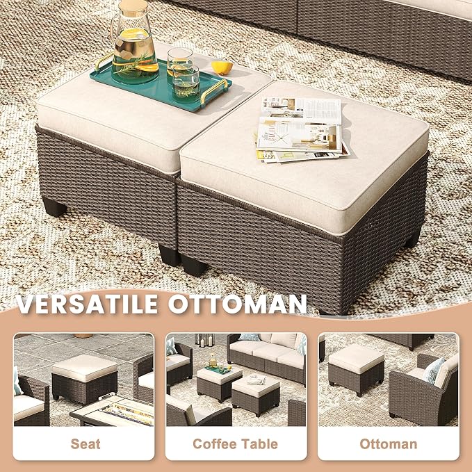 VICLLAX Patio Furniture Set 6 Pieces Wicker Outdoor Conversation Set, 3-Seat Sofa with 2-Seat Lover Couch, 2 Single Chairs and 2 Ottomans for Garden, Poolside, Backyard, Beige Cushion