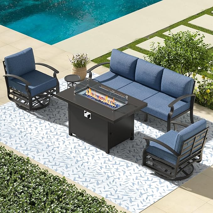 Aluminum Outdoor Patio Furniture Set,5 Pieces 5 Seats Metal Patio Sectional Furniture Set,Patio Conversation Sets with 45" Propane Fire Pit Table,Swivel Rocking Chairs Set,Navy Blue