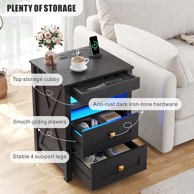TAGELIER Farmhous Nightstand with Gun Drawer,Bedside Table with Charging Station, Gun Night Stand with LED Light & Human Sensor,Smart End Table for Bedroom, Black - Image 6