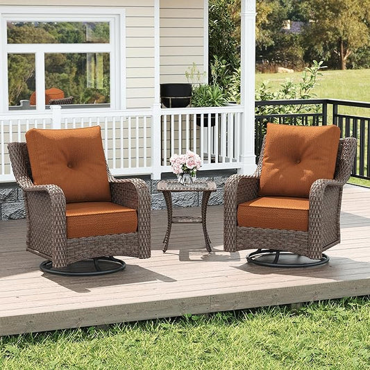 LayinSun 3 Piece Wicker Outdoor Furniture Set with 6-inch Comfy Cushions, High Back Patio Furniture Set with Swivel Rocking Chairs and Side Table