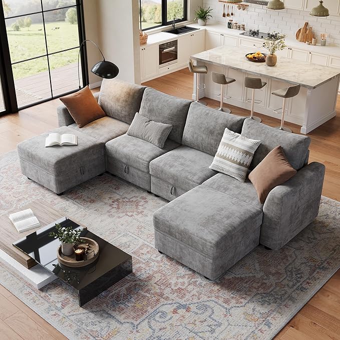 Sectional Couches for Living Room, Cloud Couch Sectional with Large Storage, l-Shape Modular Sectional Sofa with Ottoman (Gray 6-Seater)