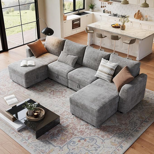 Sectional Couches for Living Room, Cloud Couch Sectional with Large Storage, l-Shape Modular Sectional Sofa with Ottoman (Gray 6-Seater)