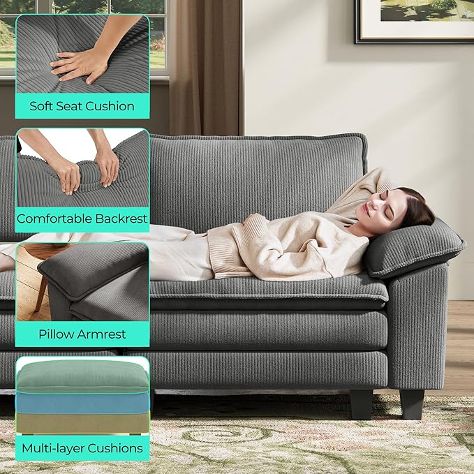 LINSY HOME 123'' Modular Sectional Sofa Grey Couch Corduroy Cloud Couches for Living Room, L Shaped Couch with Movable Ottoman, Modern Cloud Sectional Sofas for Bedroom and Apartment, Grey
