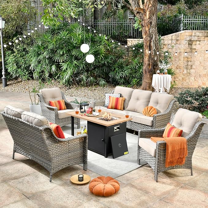HOOOWOOO 5 Piece Patio Set with Fire Pit Table, All Weather Resistant High Back Rattan Outdoor Wicker Furniture (Beige Tan)