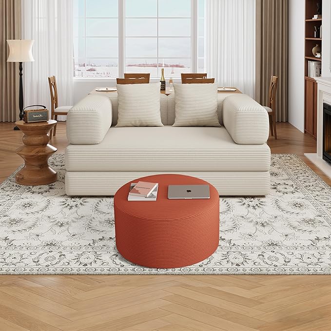 Round Coffee Table 32" Ottoman for Corduroy Cloud Sectional Couches in a Box Memory Foam Compressed Pouf Footstool Rest for Living Room, Bedroom, Makeup Room No Assembly Require (Orange, 32")
