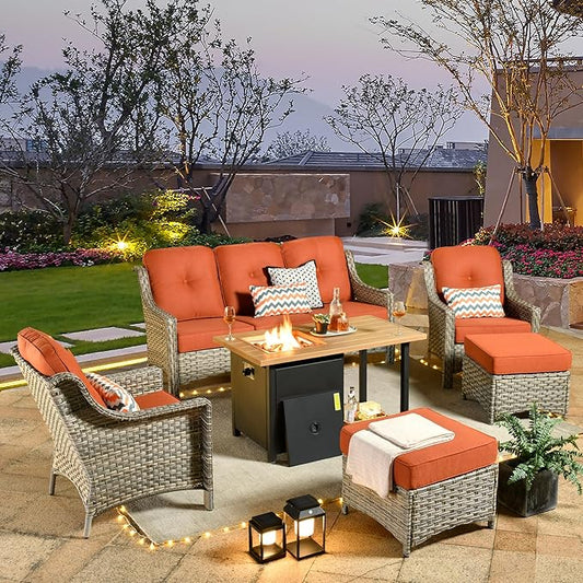 HOOOWOOO 6 Piece Patio Furniture Sets with Fire Pit Table,Outdoor Wicker Furniture Set,All Weather Resistant Outside High Back Rattan Conversation Set for Out Door(Red)