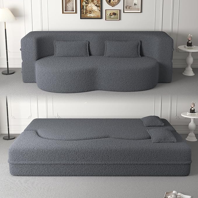78" Oversized Convertible Folding Sofa Bed Full Size ,35D Full Foam Futon Loveseat Fold Out Couch Floor Mattress Teddy Fleece Lazy Lounge Sofabed for Living Room/Dorm/Guest Use/Home Office/Apartment