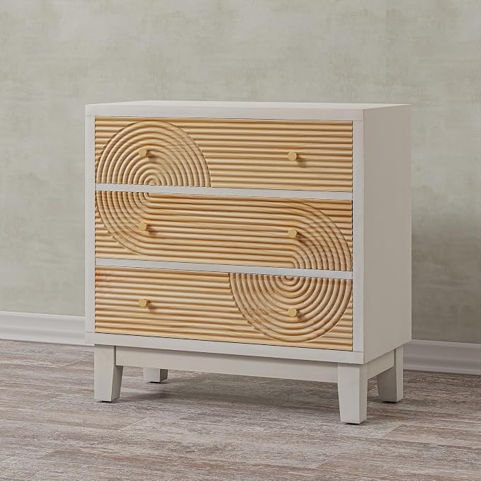 COZAYH 3-Drawer White Dresser X2 with Handicraft Wood Ring Motif, Fully Assembled Nightstand Wooden Finish for Boho, Mid-Century, Natural Wood, Rustic Style - Image 8