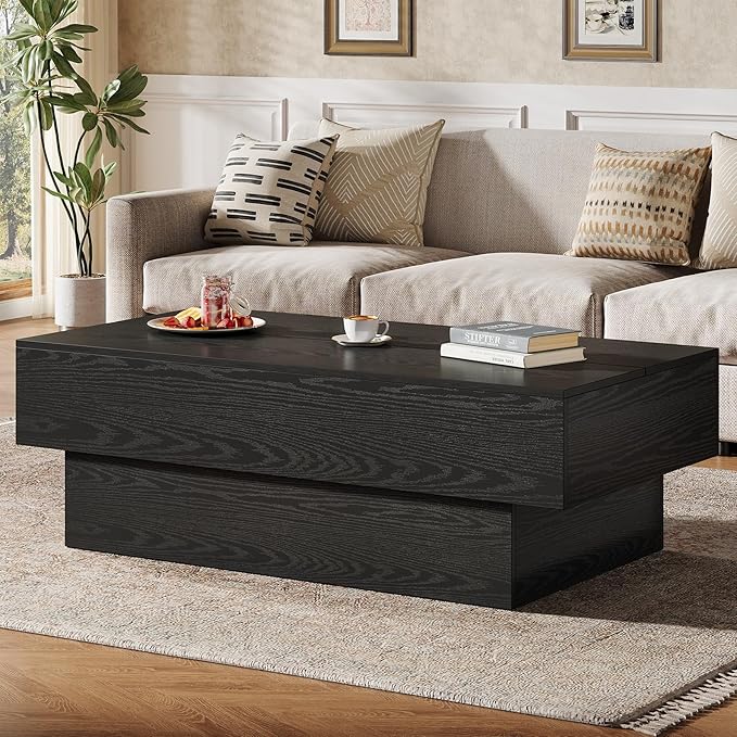 Tribesigns Modern Black Coffee Table, 55-Inch Rectangle Wooden Tea Table, Large Center Table for Living Room, Reception Room