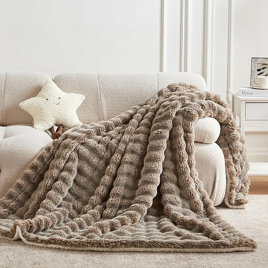 60x80 Inches Ultra-Soft Fuzzy Faux Fur Plush Twin Size Blanket - Thick, Warm Sherpa for Couch, Sofa, Bedroom, Camping - Decorative Blanket for Cozy Warmth, Bubble Dark Brown