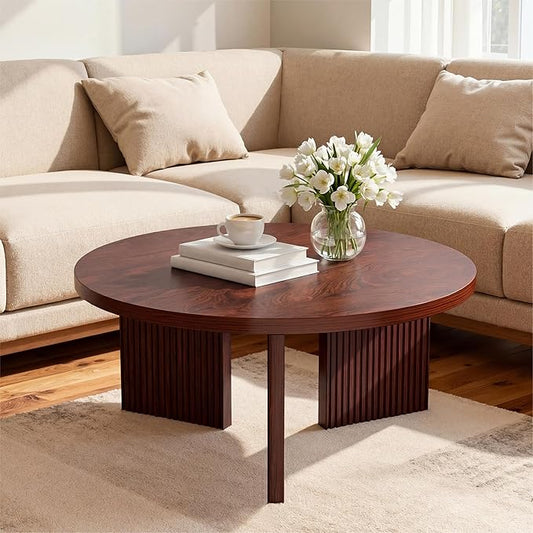 Wooden Round Coffee Table, 35" Coffee Table with Smooth Thick Mesa, Low Circle Center Table with X Shaped Stable Legs, Accent Tea Table for Living Room, Office, Burgundy