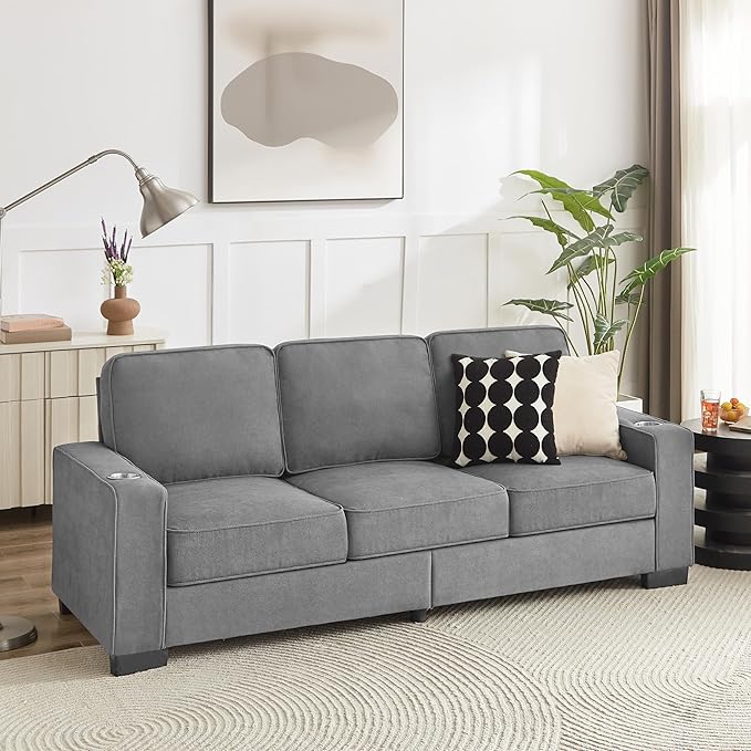 83" Modern Cloud Sofas for Living Room Bedroom, 3 Seat Modular Couch Soft Corduroy Upholstered Loveseat Couches with Cupholders for Home Apartment Office Studio