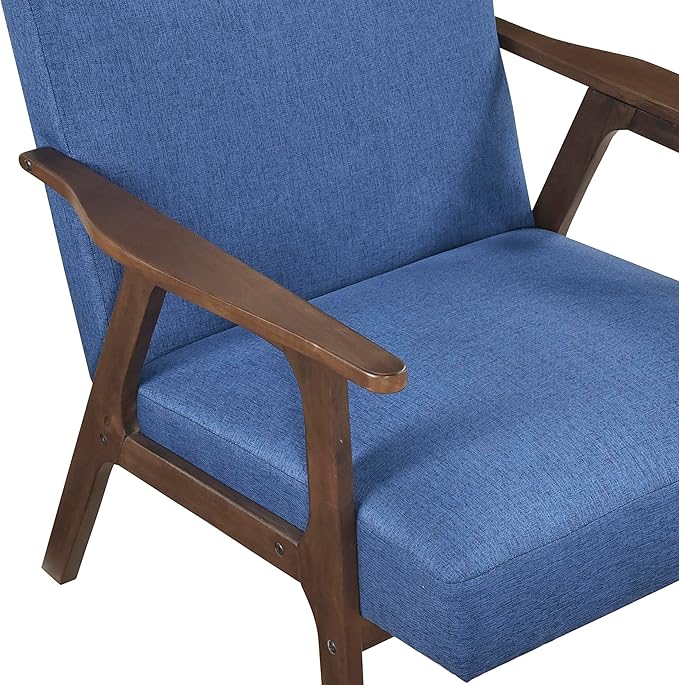 Lexicon Mid Century Modern Accent Chair, Upholstered Lounge Armchair, Single Sofa Seat, Brown Finish Solid Wood Framed Comfy Side Chairs for Living Room/Bedroom/Office/Waiting Area, Blue