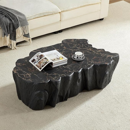 48.62" Coffee Table Modern Unique Shape Fiberglass Center Table for Living Room Apartment Office, No Need Assembly, Black Tree Root Texture Pattern
