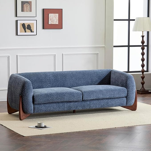 Merax 82 Inch Boucle Sherpa Sofa, Chenille Loveseat with Removable Cushions & Wood Legs, Modern Plush 3-Seater Couch for Living Room, Navy Blue