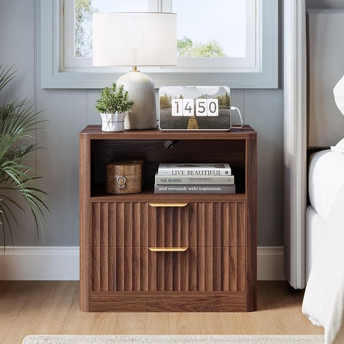 IRONCK Fluted Night Stand Set of 2, Modern Nightstand with Charging Station, Drawers and Open Shelves - Bedside Table Wood Side Table Set for Bedroom (Walnut) - Image 7