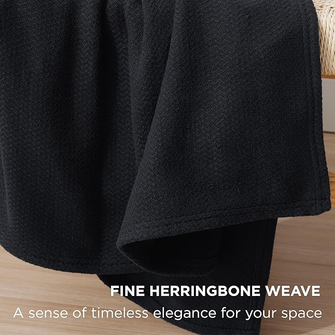 Bedsure GentleSoft 100% Cotton Large Throw Blanket for Couch 50x70 inches - Breathable and Lightweight, Soft Cozy Herringbone Woven Cotton Throw for Summer, Black Office Chair Blanket