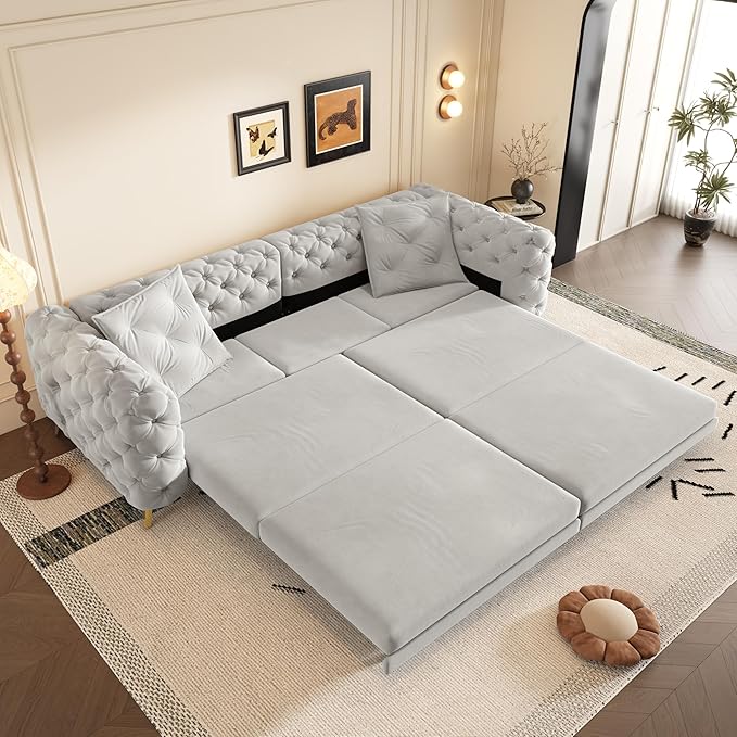 Ball & Cast 3-in-1 Convertible Sleeper Sofa with Movable Ottoman,97.7" Velvet Pull Out Sofa Bed, Modern Button Tufted 4-Seater Sofa Couch with Deep Seat for Living Room, Apartment,Office,Light Grey