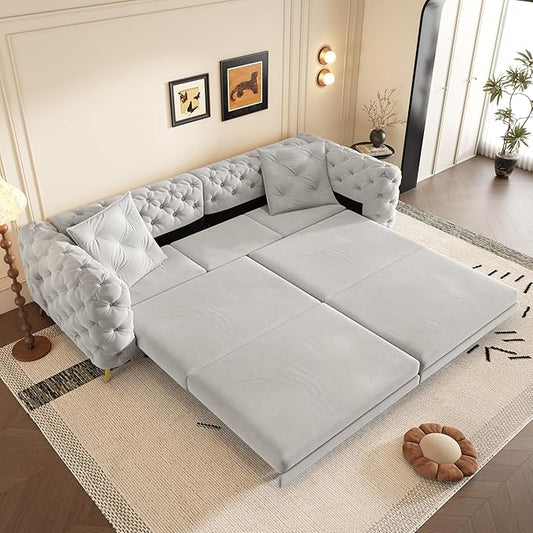 Ball & Cast 3-in-1 Convertible Sleeper Sofa with Movable Ottoman,97.7" Velvet Pull Out Sofa Bed, Modern Button Tufted 4-Seater Sofa Couch with Deep Seat for Living Room, Apartment,Office,Light Grey