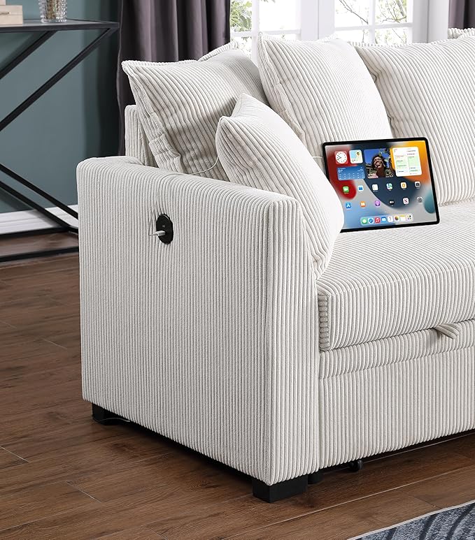 Modern Living Room Corner Convertible Sofabed Corduroy Upholstered Reversible Sleeper Sectional Sofa with 7 Pillow and USB Ports, L-Shaped Pull Out Sleep Couch Bed W/Reversible Storage Chaise Daybed