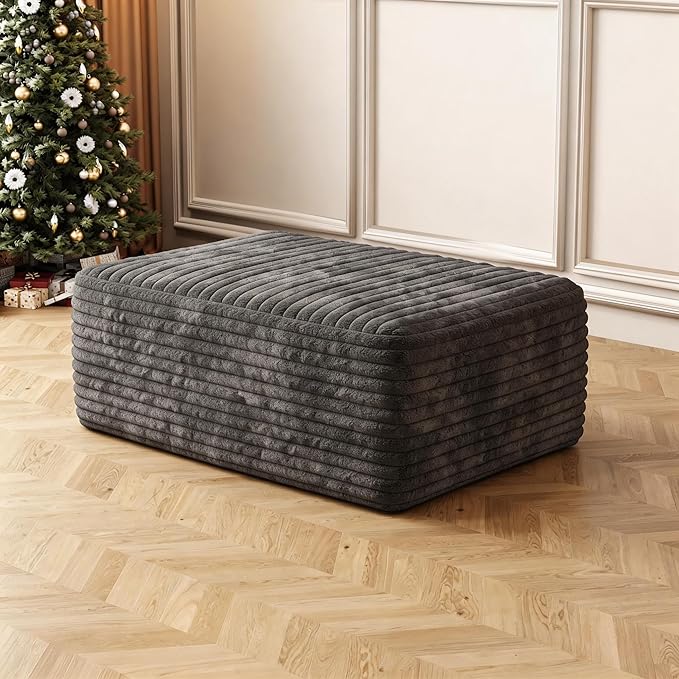 37.4" Charcoal Plush Corduroy Ottoman, Upholstered Cloud Ottoman for Boneless Couch in a Box, Modular Sectional Couches for Living Room Bedroom, Compressed Memory Foam, No Assembly Require, Dark Grey