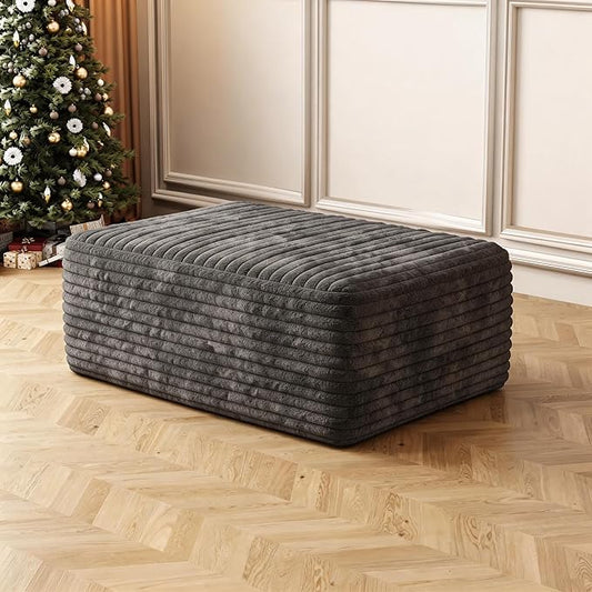 37.4" Charcoal Plush Corduroy Ottoman, Upholstered Cloud Ottoman for Boneless Couch in a Box, Modular Sectional Couches for Living Room Bedroom, Compressed Memory Foam, No Assembly Require, Dark Grey