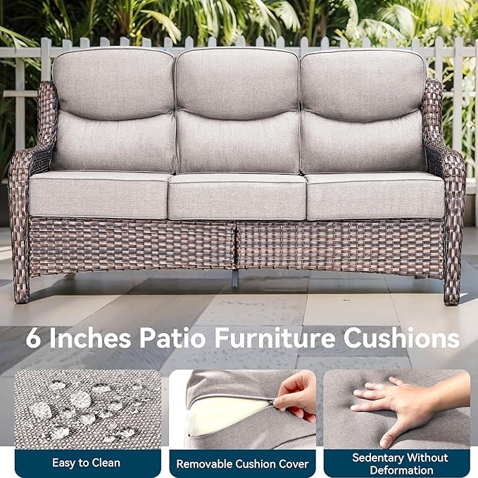 Luxury High Back Outdoor Furniture with 6-Inch Thick Cushions, Patio Furniture Set with Swivel Chairs, 7 PCS Wicker Conversation Set for Porch, Balcony, Deck and Yard