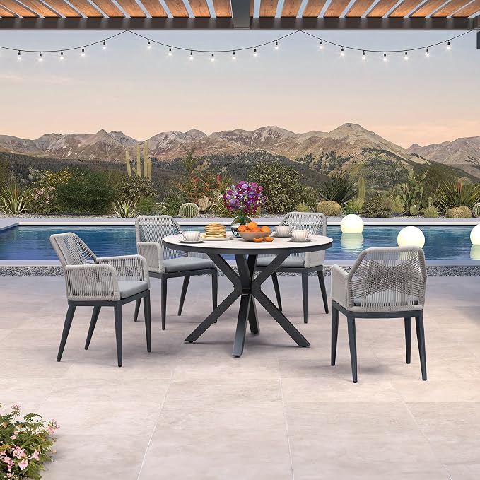 PURPLE LEAF 5 Pieces Patio Round Dining Set Aluminum Oversize Round Table and Rattan Arm Chairs with Cushions for Kitchen Porch Garden Modern Outdoor Furniture Sets, Beige and Dark Grey - Image 2