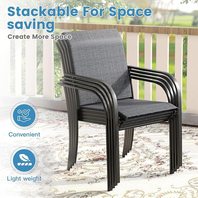 DIFY Patio Dining Set for 6, 7 Piece Outdoor Table and Chairs Set, 47.2" Round Metal Patio Dining Table and 6 Textilene Stackable Patio Chairs, for Backyard Garden Poolside, Grey - Image 5