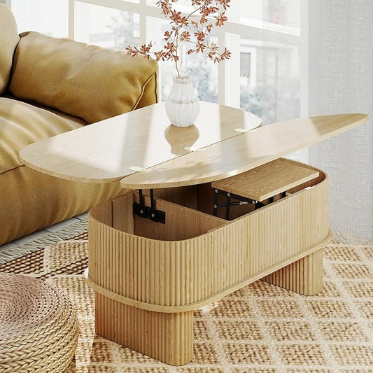 Lift Top Coffee Table with Large Storage,Lifting Converts to Dining Table,Oval Pop Up Coffee Table Fluted Wood Center Table for Living Room,Fully Assembled Space-Saving for Eating&Laptops