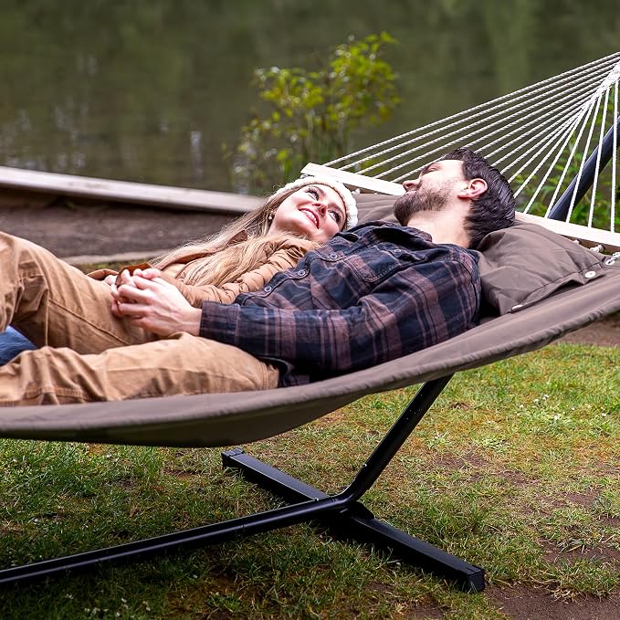 SUNCREAT 55 Inch Extra Large Double Hammock with 12 ft Stand, 475lbs Capacity, Outdoor Portable Hammock with Hardwood Spreader Bar, Extra Large Pillow, Brown - Image 2