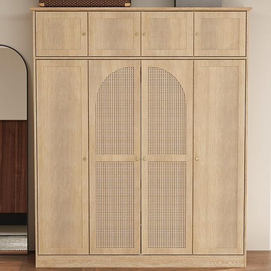 KEIKI Large 8 Doors Wood Wardrobe, Bedroom Tall Armoire Closet Organizer w/Rattan Decorative, Hanging Rails & Adjustable Shelves Clothes Storage Cabinet for Garage & Laundry Room, Brown