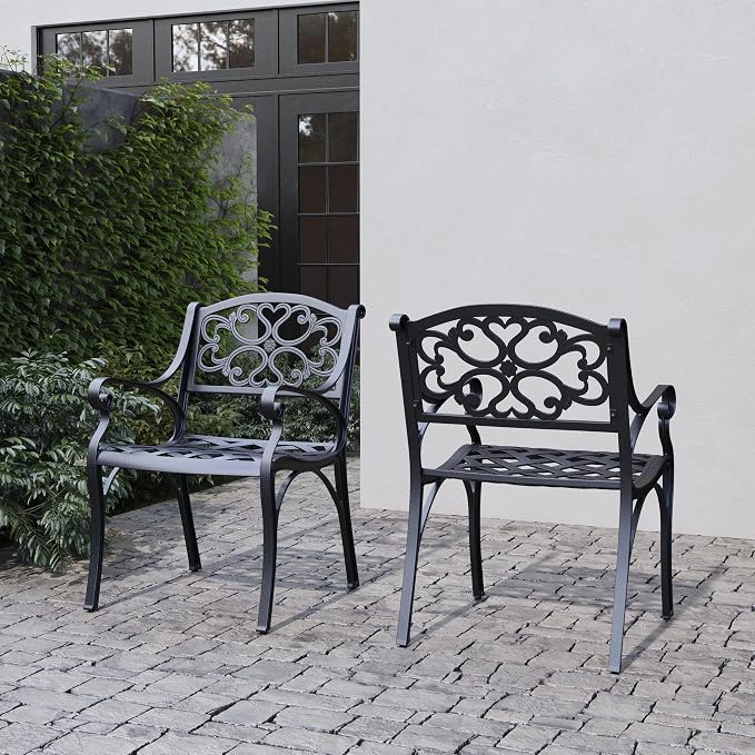 Homestyles Sanibel Black Stationary Cast Aluminum Outdoor Dining Chair, 2 Piece Patio Chairs, Set of 2 Garden Chairs with Armrest & Backrest for Garden Patio Pool Beach Yard, Black - Image 2