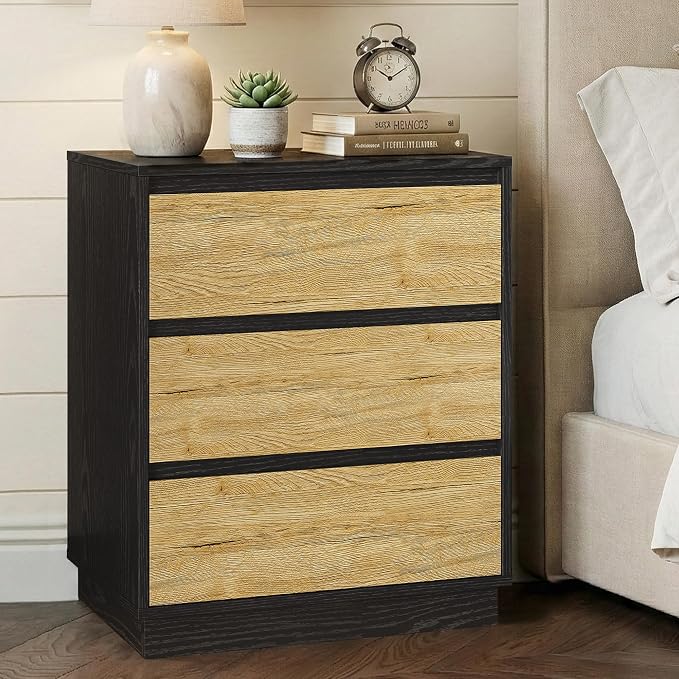 RoyalCraft Nightstand with 3 Drawers Storage, 23.6" Modern Night Stand for Bedroom, Large Bedside Table, End Table for Closet, Black and Wood - Image 6
