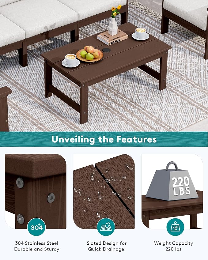 SERWALL HDPE Patio Coffee Table, Rectangle Outdoor Coffee Table, All-Weather Coffee Side Table for Balcony, Poolside, Deck, Garden, Coffee Brown - Image 5
