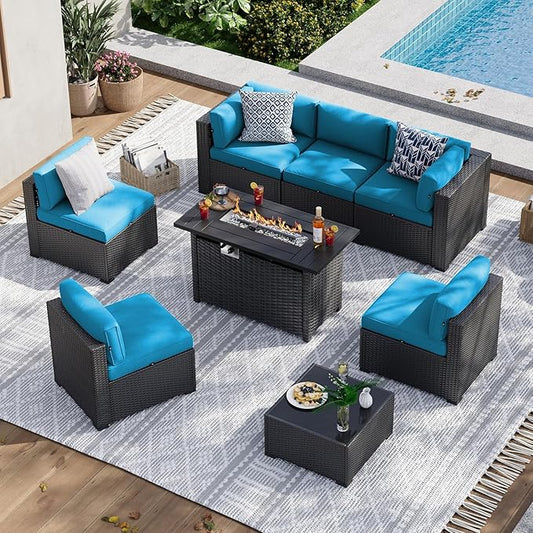 Aoxun 8 Piece Patio Furniture Set with 44” Fire Pit Table, Wicker Rattan Patio Sectional Sofa, Outdoor Furniture Set with Thickened Cushion, Light Gray