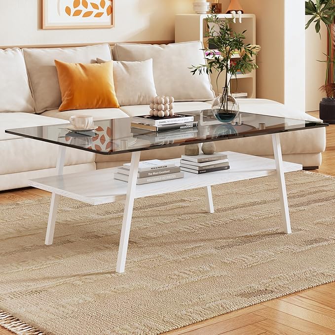 IANIYA Glass Coffee Table for Living Room Small Gold Mid Century Coffee Table for Living Room with Wood Shelves (White Frame, Gray Glass + White Wood)