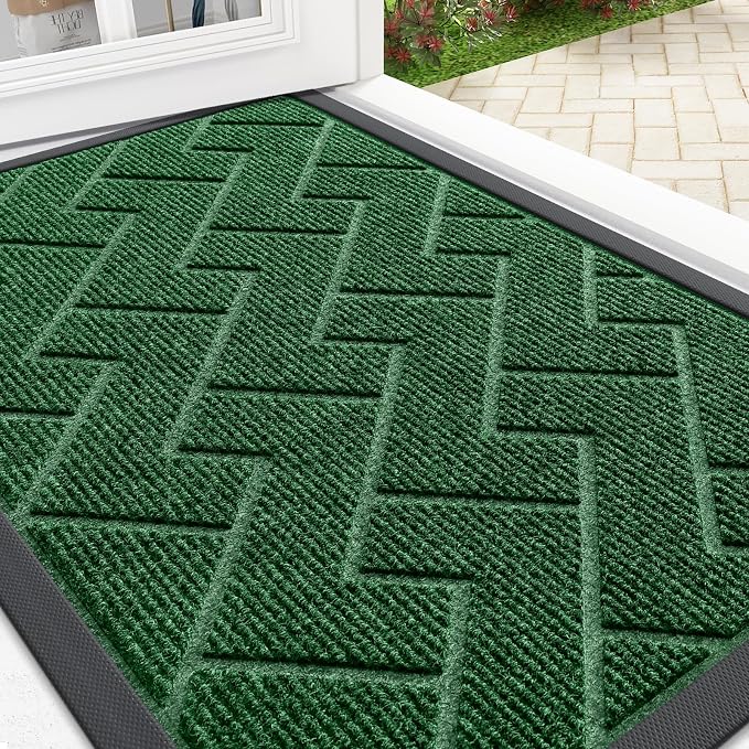 OLANLY Front Door Mat Indoor Outdoor Entrance, Waterproof All-Season, All-Weather Doormat, Sturdy Natural Rubber, Low Profile, Easy Clean Patio Porch Entryway Mat, Herringbone Brick (Green, 29.5x17) by OLANLY