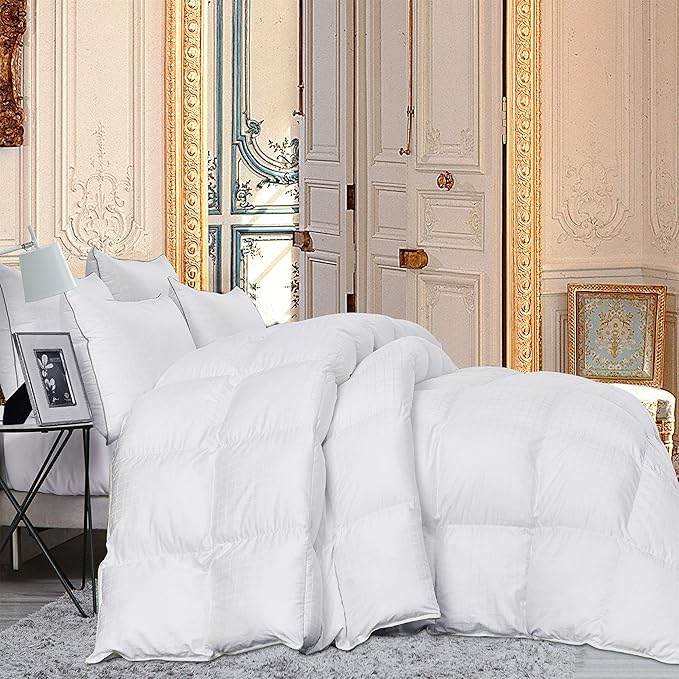 Luxurious All-Season King/California King Goose Down Comforter Duvet Insert, Exquisite Dobby Checkered Design, 300 Thread Count 100% Egyptian Cotton, 65 oz Fill Weight, Baffle Box, White