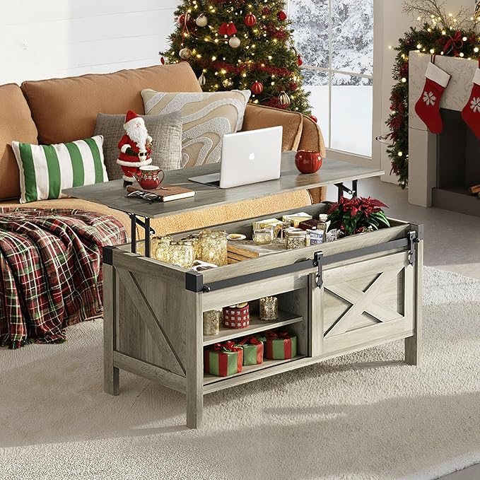 WLIVE Lift Top Coffee Table, 39.4" Farmhouse Coffee Table with Large Hidden Storage Compartment, Sliding Barn Doors, Modern Wood Center Table for Living Room, Office, Grey