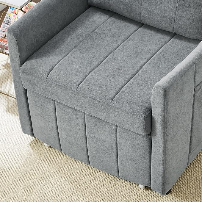 Ball & Cast 31.5" Convertible Pull-Out Sleeper Sofa Bed,Chenille Upholstered Pull Out Couch Chair,3 in 1 Single Sofa Chair W/Storage Basket and Side Pocket,Recliner Chaise Lounge for Living Room,Grey
