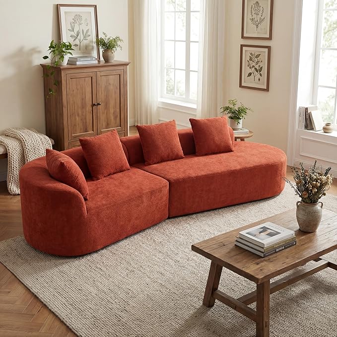 Merax 2-Piece 116" L-Shaped Modular Sectional Sofa Set, 4 Seat Fully Assembled Curved Upholstery Couch with High-Density Compressed Sponge, Chaise Lounge & 4 Pillows for Living Room, Orange