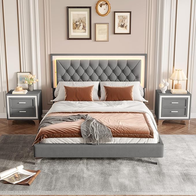 Harper & Bright Designs Farmhouse 3 Pieces Queen Size Bedroom Sets, Upholstered Platform Bed Frame with Headboard, 2 Nightstands and LED Lights, 3 Piece Bedroom Furniture Sets (Gray)