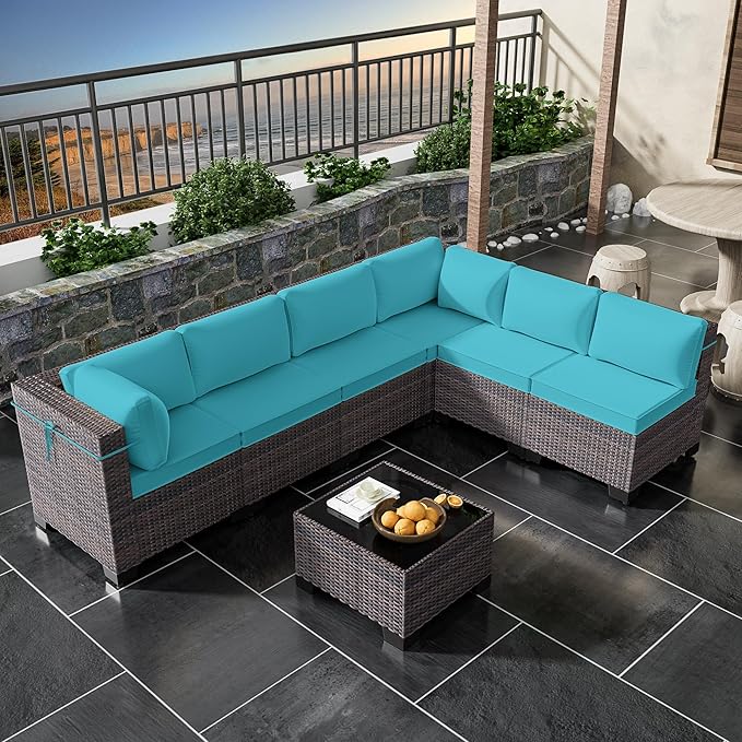 7 Pieces Outdoor Patio Furniture Set,Outdoor Sectional Furniture All Weather PE Rattan Wicker Patio Conversation Set with Coffee Table and 6 Thickened Cushions,Turquoise Blue