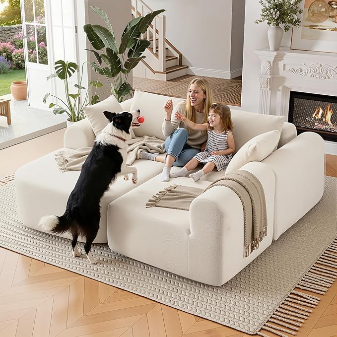 104" Modular Sectional Sofa with L-Shape Chaise, Sherpa Modern Upholstered Cloud Couches for Living Room Bedroom, No Assembly Required, White