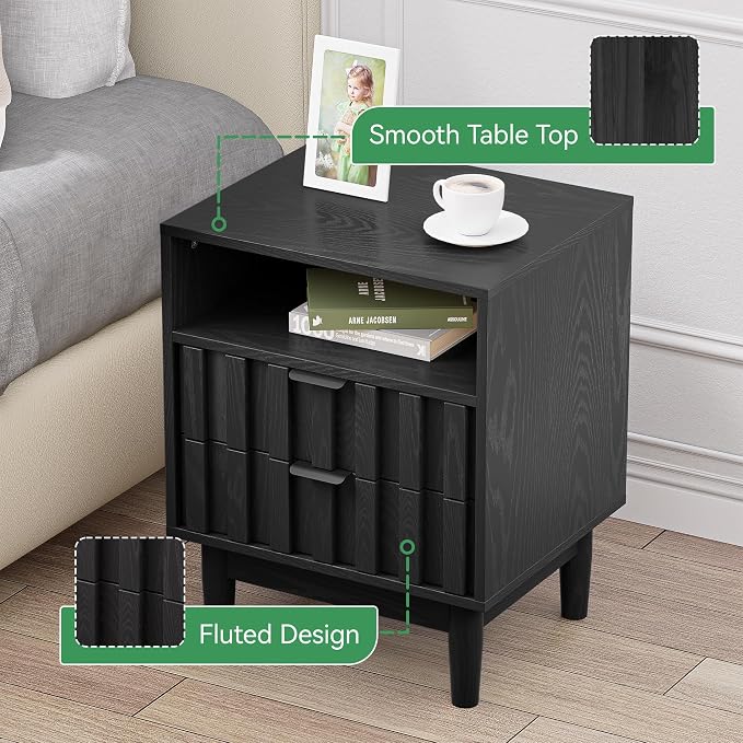 Fluted Nightstand, 19" Wide Night Stand with Solid Wood Legs, Open Storage Shelf, Mid Century Modern Wooden Bedside Table for Bedroom, Bed End Side Table, Black - Image 4