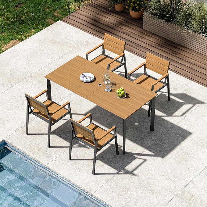 Outdoor Dining Set for 4, Aluminum Patio HDPS Outdooor Table and Chairs Set with Umbrella Hole, All Weather Patio Furniture Set, 5 Peice Patio Dining Table Set (Gray & Teak) by ComfCove