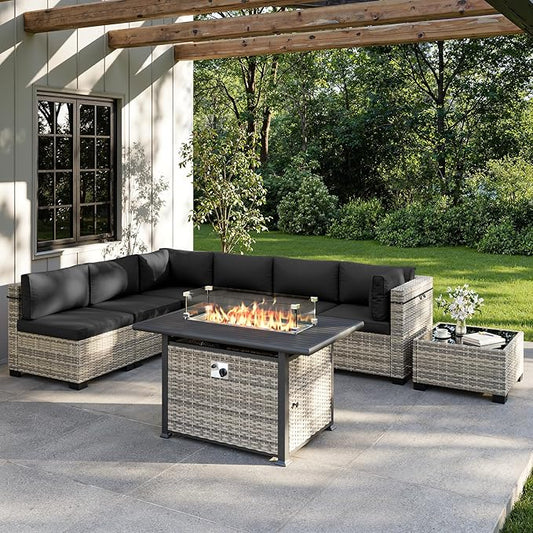 8-Piece Outdoor Patio Furniture Set with 55,000 BTU Fire Pit Table, PE Wicker Rattan Sectional Sofa Conversation Set - All-Weather Garden, Backyard Furniture, Dark Grey